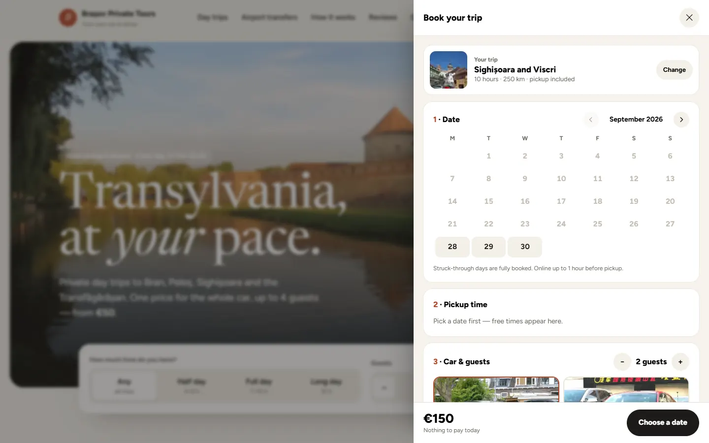 The booking sheet open as a drawer over the home page, with a calendar of free days.