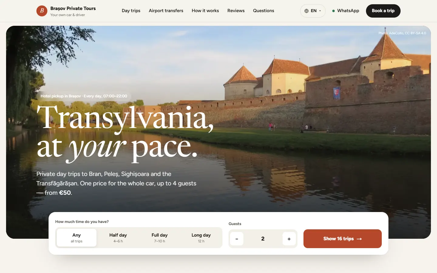 Home page of Brasov Private Tours: a trip finder over a photo of Făgăraș fortress.