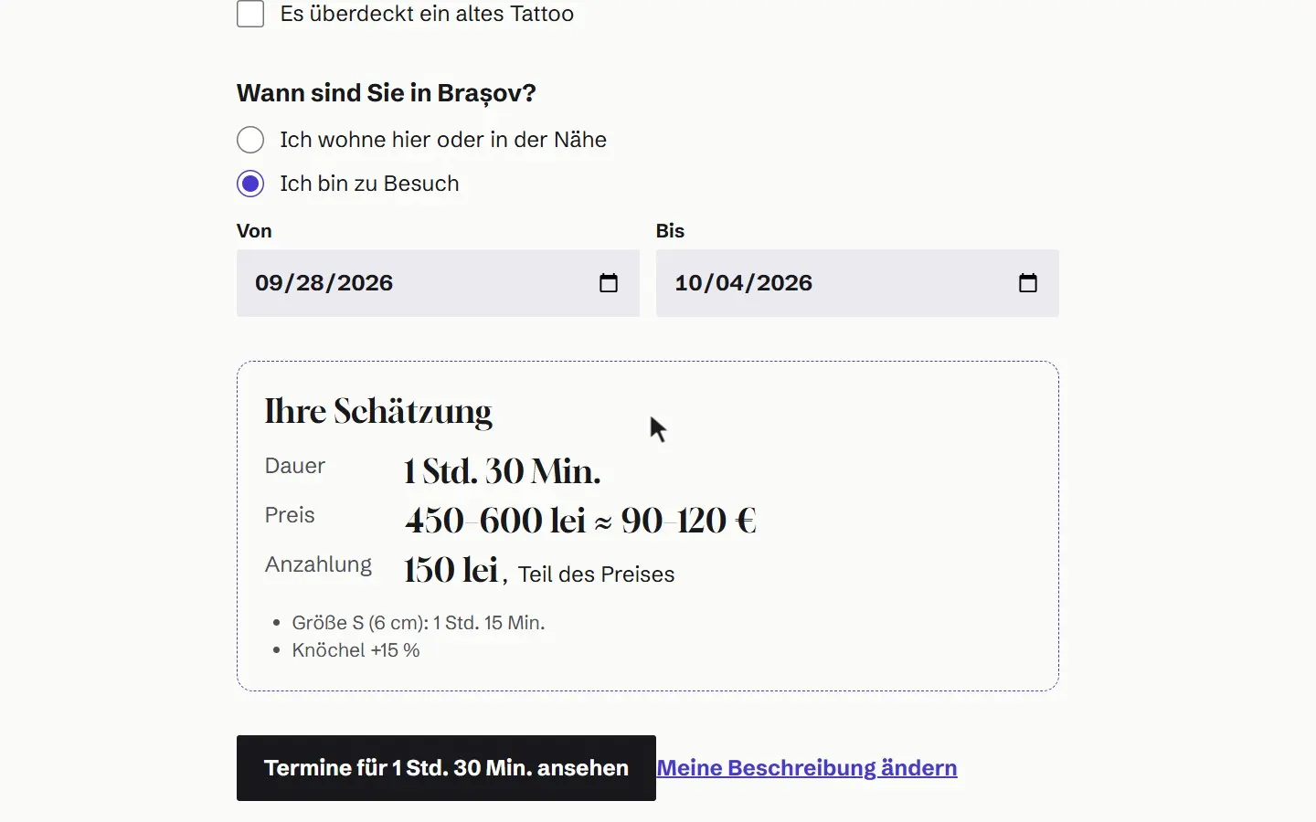 The estimate for a German message: a 90-minute session, 450 to 600 lei, and a 150 lei deposit.
