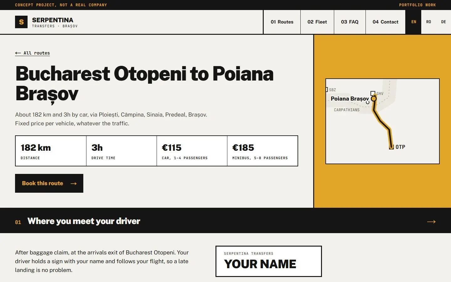A route page with a map of the road from Otopeni airport to Poiana Brașov.