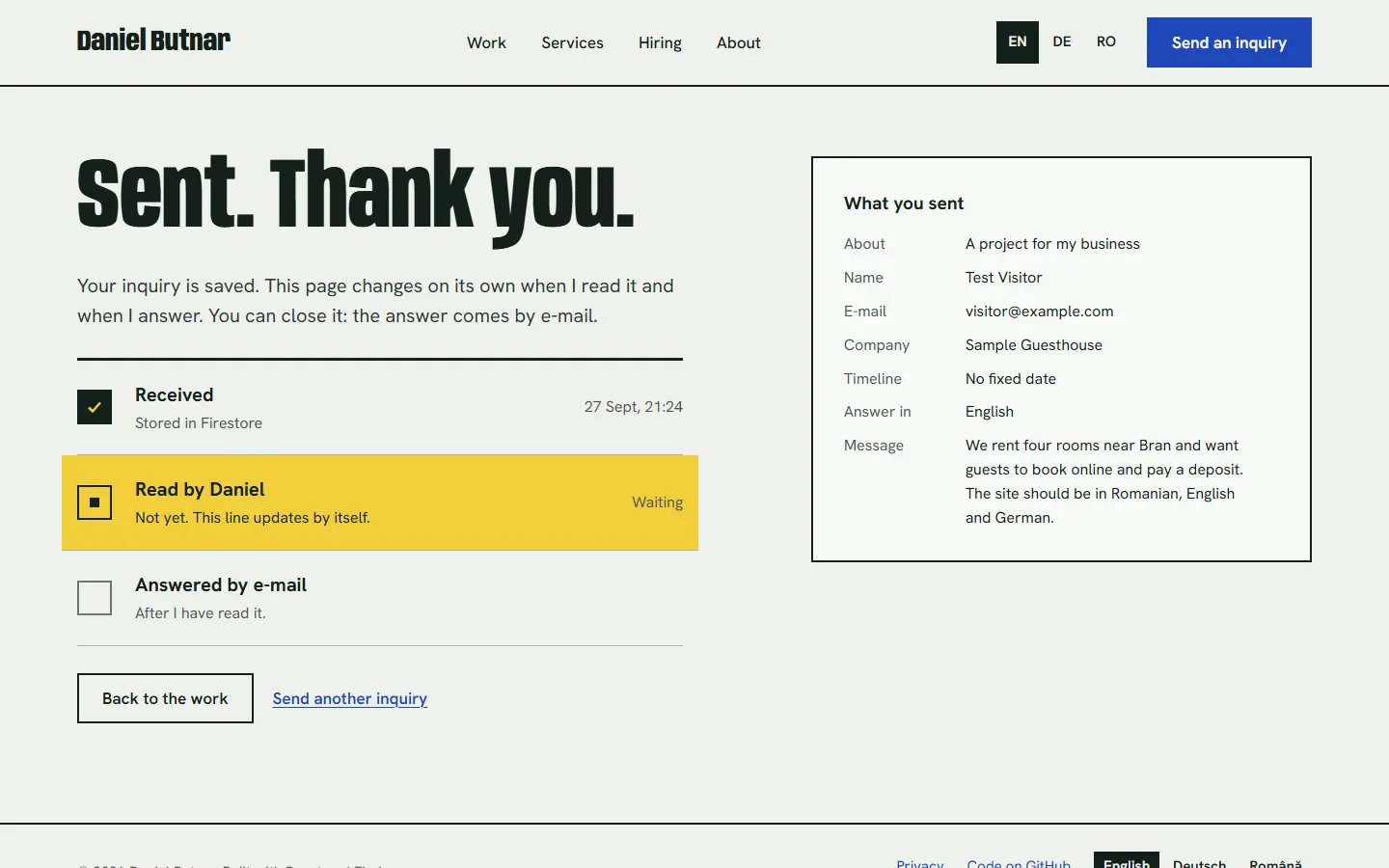 The status page after sending: received, waiting to be read, and a copy of what was sent.