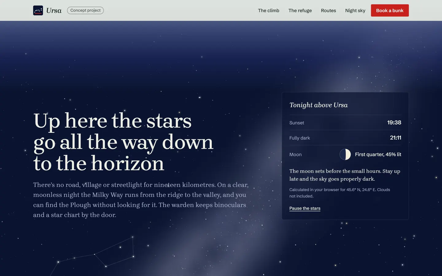 The night sky section: seeded stars, the Plough and a card with tonight’s sunset and moon phase.