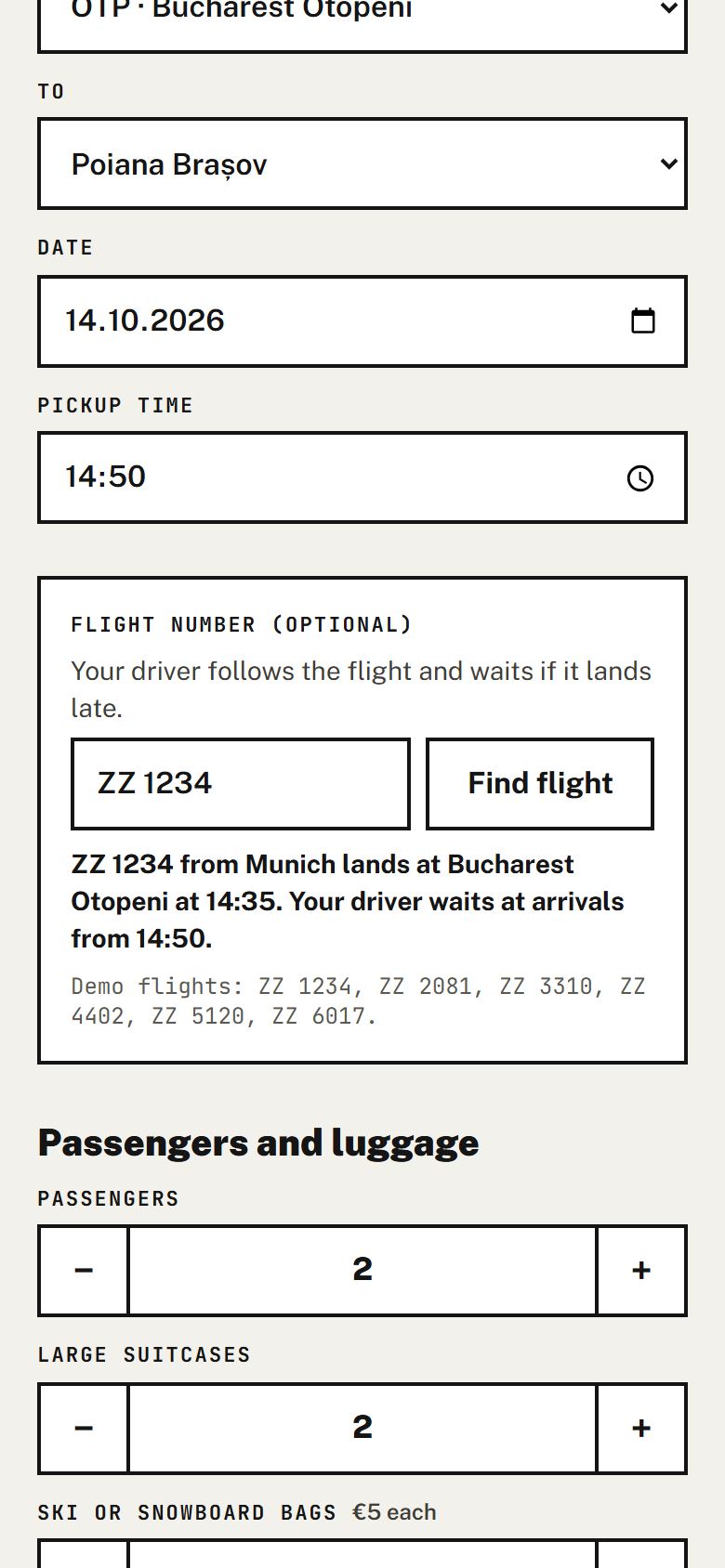 Buchungsschritt 1 auf dem Handy: Datum, Abholzeit und ein über die Nummer gefundener Flug.